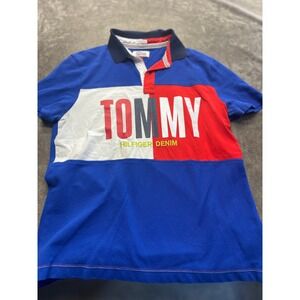 Tommy Hilfiger Denim Mens Polo Shirt Medium Blue Red White Colorblock Custom Fit
